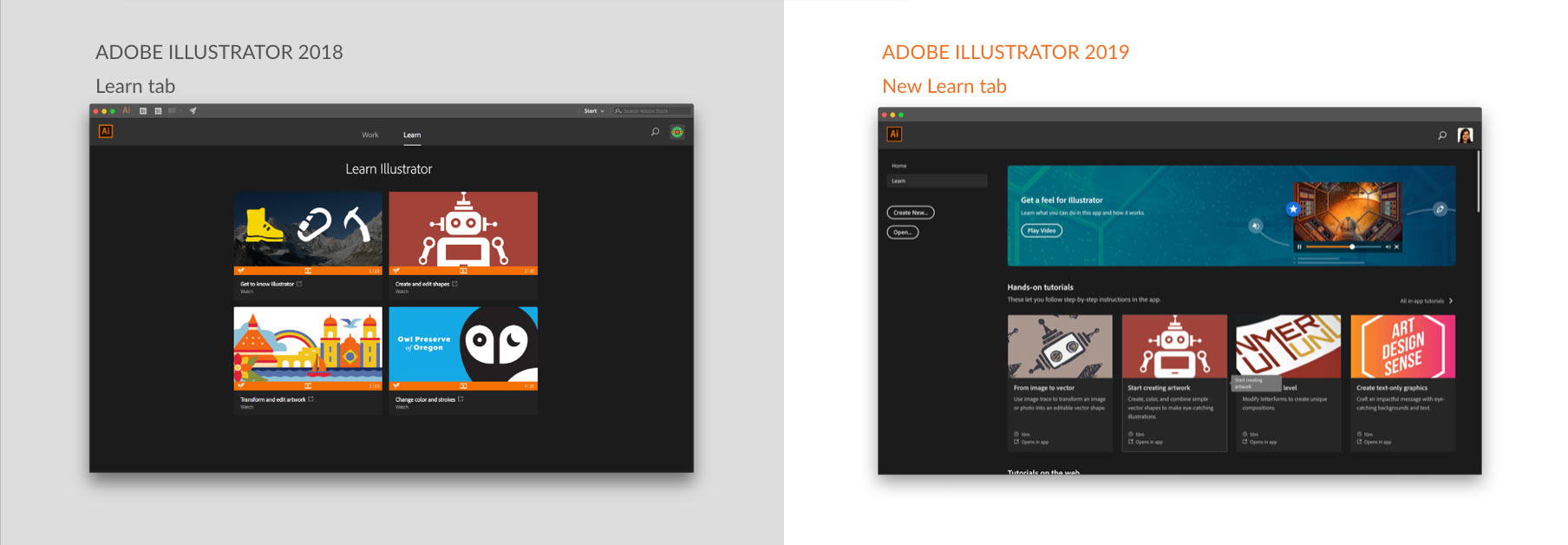 Learn on 2019 screen in Illustrator