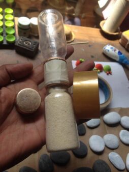 Made a sand timer using two empty glycerine bottles & some semolina at Marpha foundation, Nepal, 2016